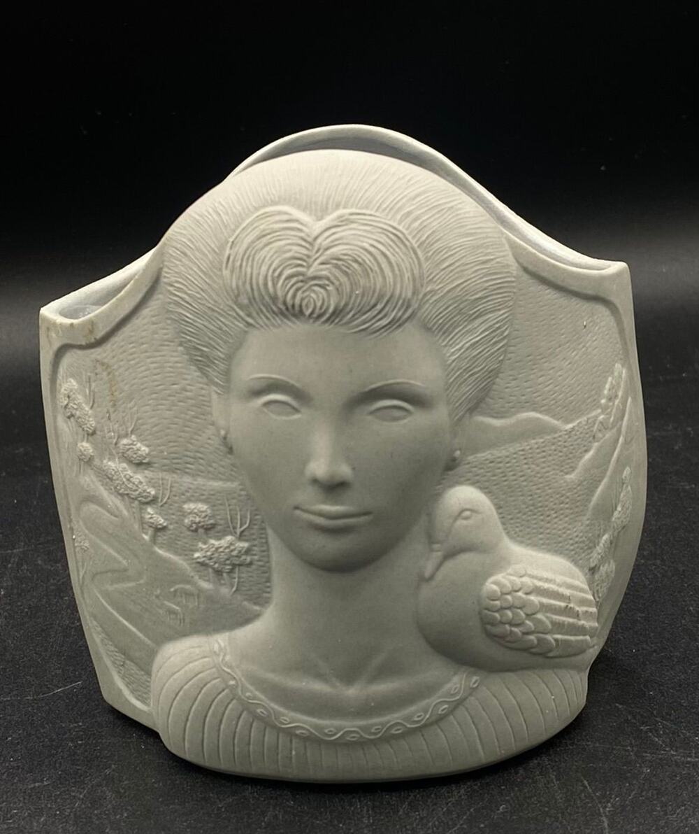 Vintage Bisque Portrait Vase Signed Rushall 92/700 Relief Woman Bird Pottery
